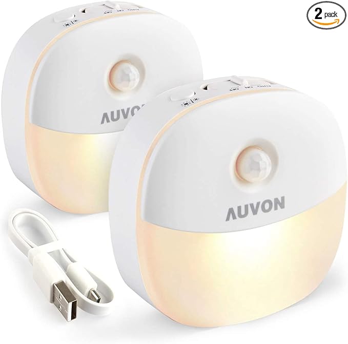 AUVON Rechargeable Battery Night Light, Mini with Motion Sensor, Warm White LED Stick-On Closet Light with Dusk to Dawn Sensor, Adjustable Brightness for Wall, Stairs, Hallway, Cabinet (2 Pack)