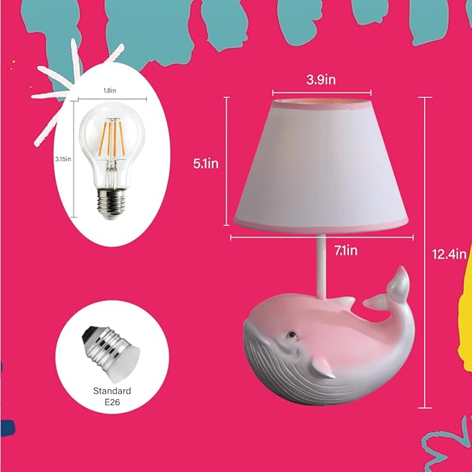 Whale Lamp,Kids Lamp, Night Lights,lamp with Fabric Lampshade, Compatible with E26 Bulb, USB Interface, Perfect for Girls' Room, Ideal Gift Choice