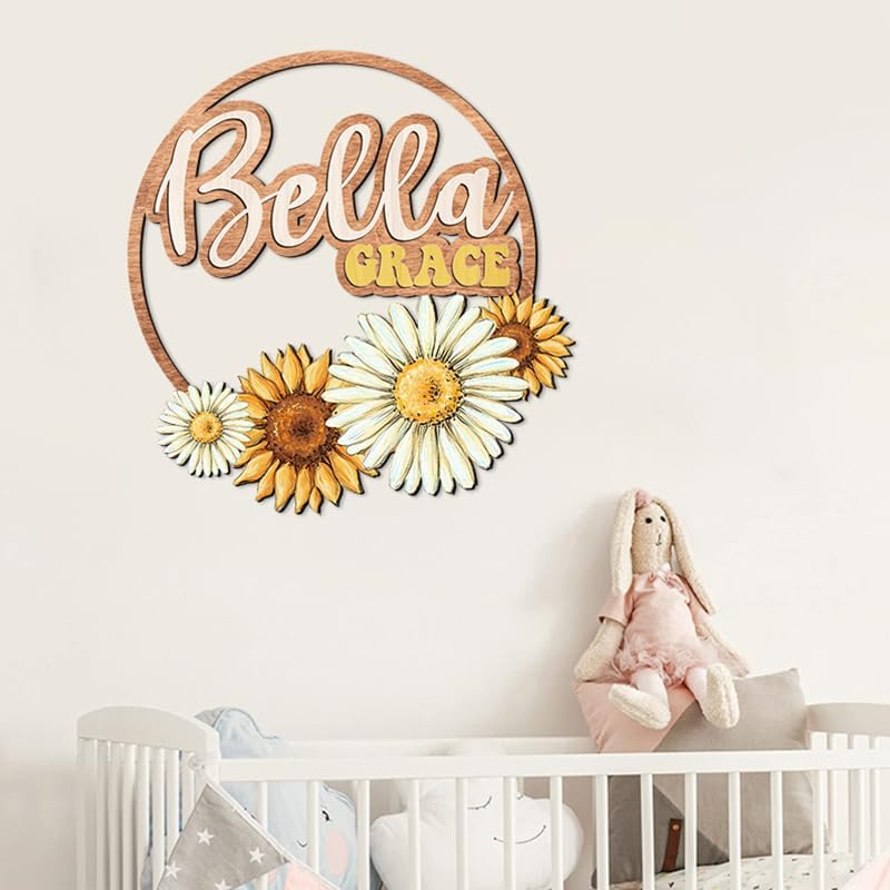 Custom wooden nursery name sign, Boho nursery wood 2 layer, Floral nursery name sign for girls, Daisy Sunflower Baby name signs for nursery, Wood name signs, Baby shower, Nursery decor flower gift/18