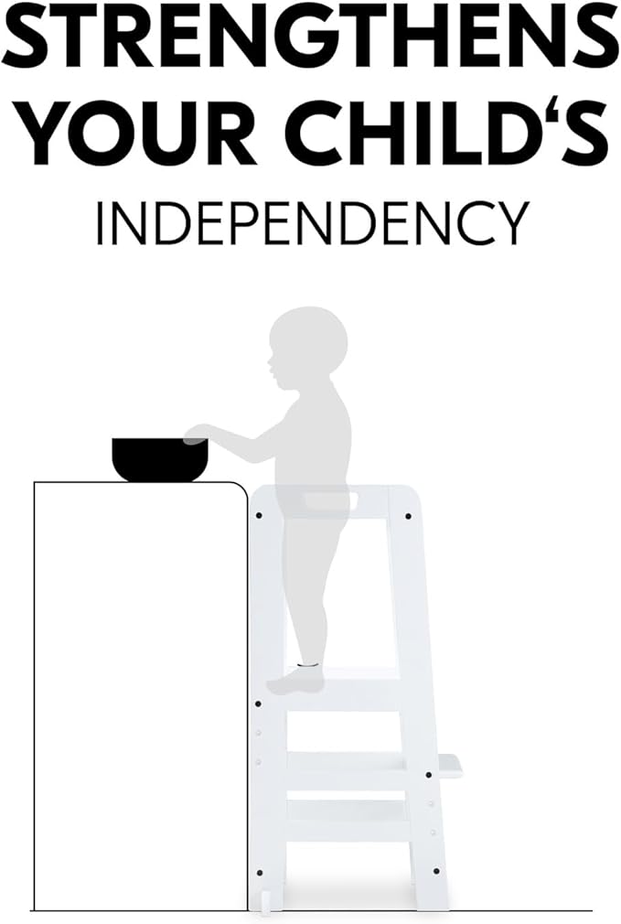 Hauck Learn N Explore Montessori Toddler Tower, Adjustable Wooden Kitchen & Bathroom Step Stool Helper for Home Use with Kids Ages 1+, White
