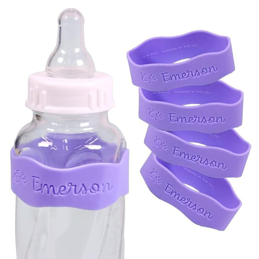 InchBug Orbit Labels - Baby Bottle Name Labels for Daycare, Sippy Cup Bands - Engraved Silicone, Reusable, Dishwasher Safe, Matching Color Personalization, 4-Pack (Lavender Gelato)