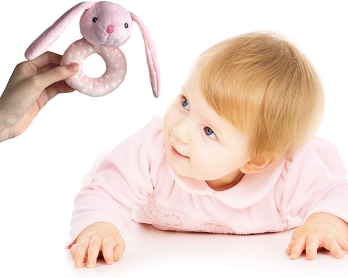 CREVENT Cozy Plush Baby Security Blanket Loveys for Baby Girls Boys, Stuffed Animal Ring Rattle Shaker Toy for Newborns (Bunny + Handbell)