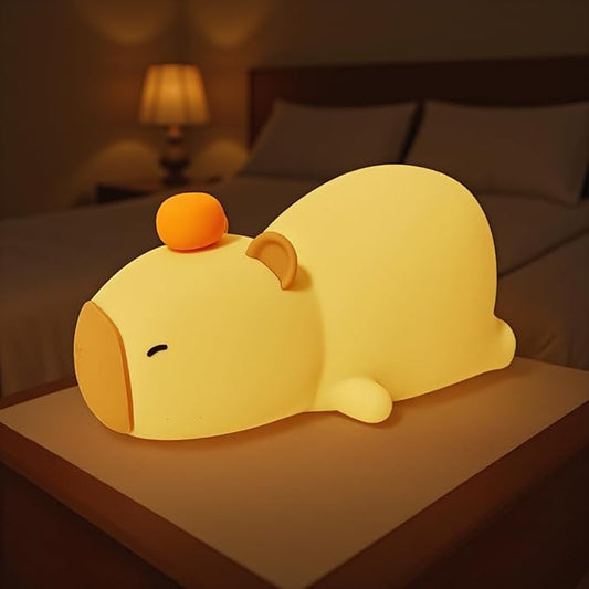 XunYang Cute Night Light for Kids Capybara Lamp, 3 Levels 7 Colors Tap Silicone Dimmable Nursery Nightlight for Boys Girls, USB Rechargeable Capybara Night Lamp for Bedroom - Yellow