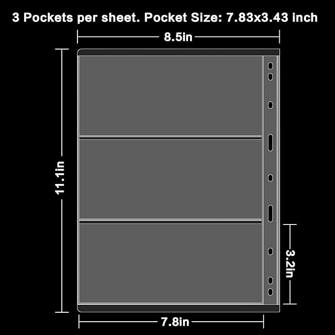 12 Sheets Paper Money Collection Supplies Pages, Currency Collecting Book Album Sleeves, 36 Pocket Money Stamp Page Holders for Standard 9-Hole Coin Collector Binder, 3 Pockets/Sheet