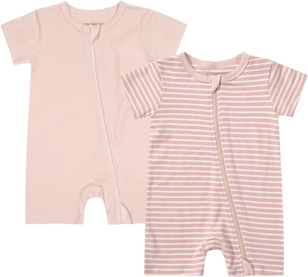 Teach Leanbh Unisex Baby 2 Pack Pajamas Cotton Short Sleeve 2 Way Zipper Stripe Soild Romper Jumpsuit Sleep and Play