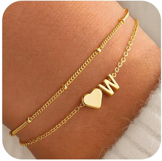 M MOOHAM Initial Heart Bracelets for Women - Layered Dainty 14K-Gold-Plated Heart Letter A-Z Charm Bracelets for Women, Chain Link Charm Bracelets Beaded Bracelets Birthday Gifts Womens Jewelry