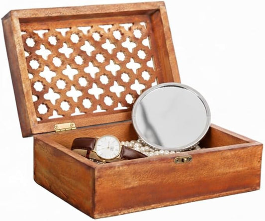 Mela Artisans Wooden Keepsake Box | Medium Polish Mango Wood Memory & Photo Storage Box with Hinged Lid | Decorative Storage Box | Medium | 7.5x4.5x3 Inch