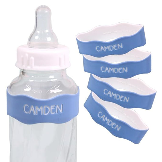 InchBug Orbit Labels - Baby Bottle Name Labels for Daycare, Sippy Cup Bands - Engraved Silicone, Reusable, Dishwasher Safe, White Contrasting Personalization, 4-Pack (Lullaby Blue)