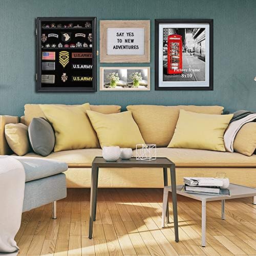 Military Challenge Coin Medals Pins Collector Display Case Lockable Wall Frame Wood Cabinet Black Shadow Box with Removable Shelves and Pinnable Background for Badges Patches Insignia Ribbons Brooches