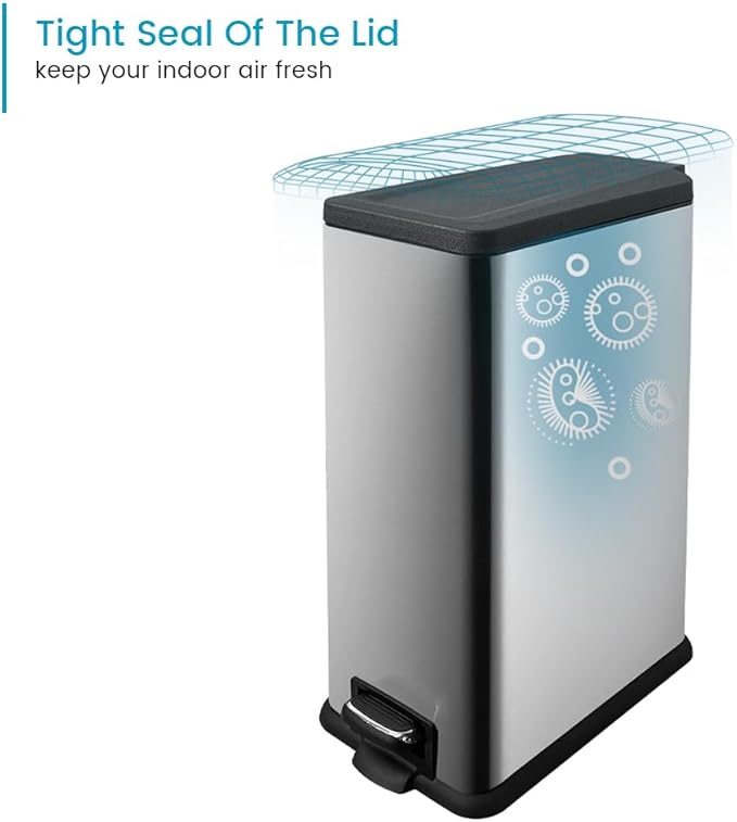12 Gallon Trash Can with Lid，45L Kitchen Garbage Can,Stainless Steel Trash Can for Narrow Spaces with Soft-Close Lid, Inner Bucket, and Step-on Pedal