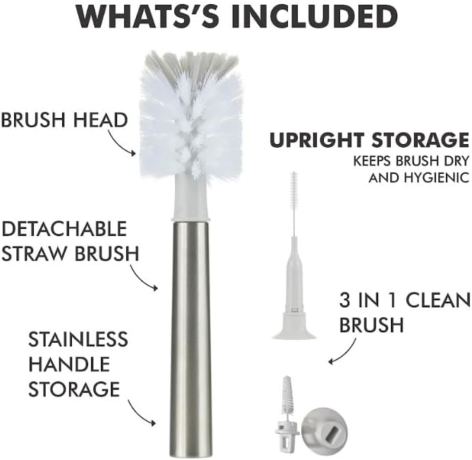 3-in-1 Stainless Bottle Brush for Baby Bottles - Water Bottle Brush Cleaner with Nipple and Straw Brush, Long Bottle Washer, Cup and Tumbler Cleaner Brush. (Pack of 2)
