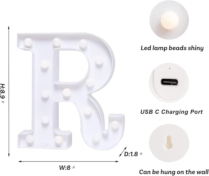 Foaky Rechargeable LED Letter Lights Sign Marquee Light Up Letters Sign for Night Light Wedding/Birthday Party Christmas Lamp Home Bar Decoration (R)