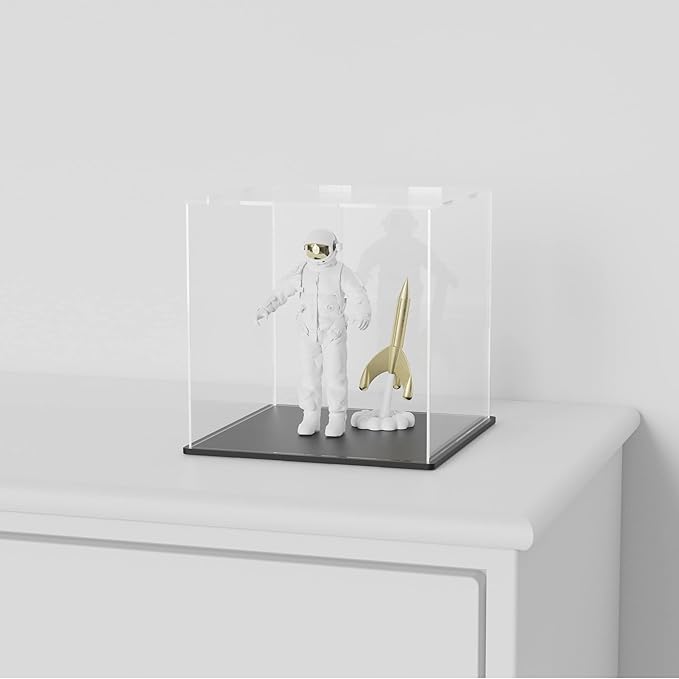 SVENJBB Acrylic Display Case, 7x7x7 Inch Acrylic Boxes for Display, Clear Display Cases with Matte Black Base and Lid for Collectibles