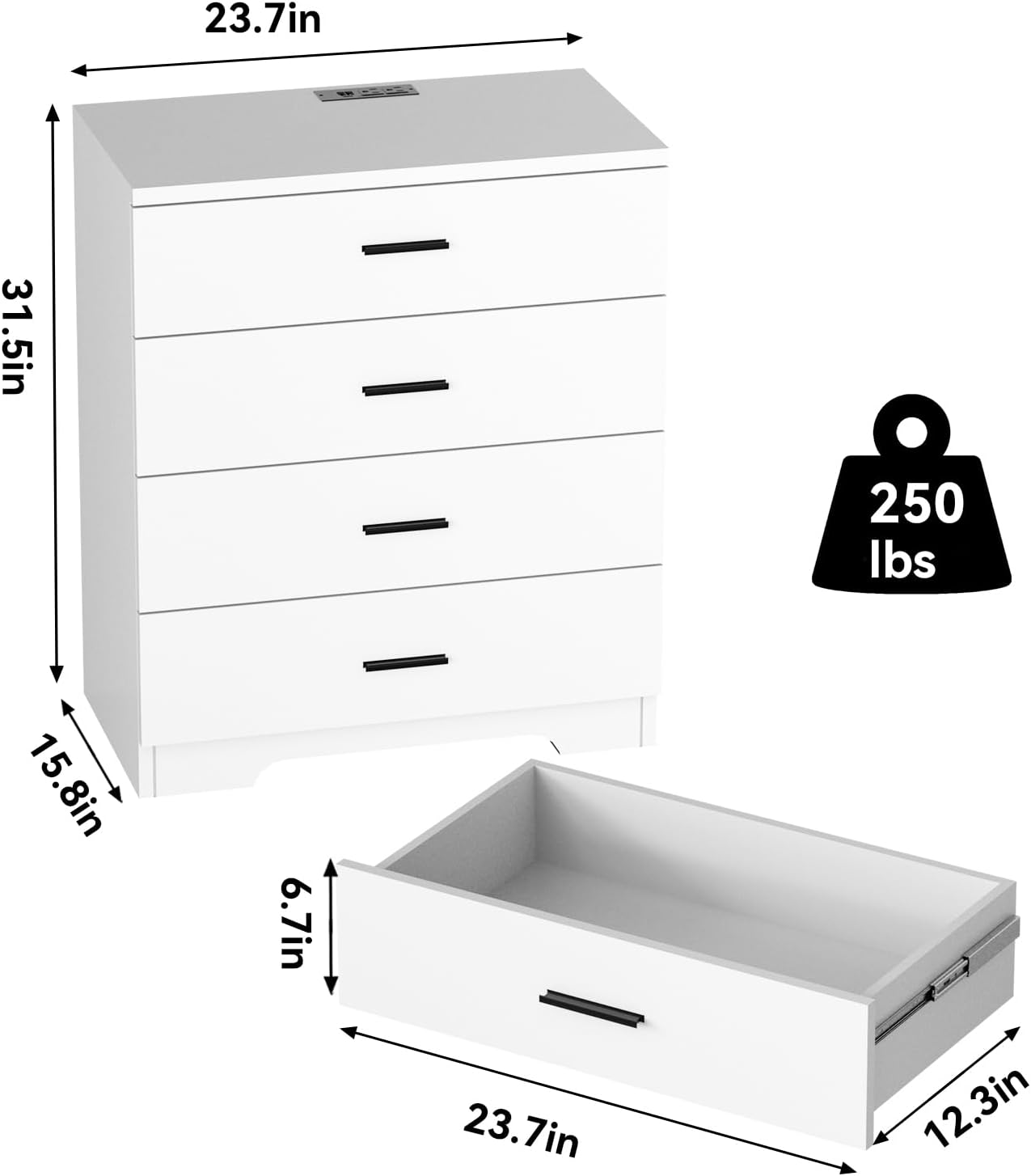 Dresser with Power Outlets Wooden 4 Drawer Dresser with USB and Type C Port Chest of Drawers for Bedroom Tall White Organizer Storage for Living Room Hallway Closet