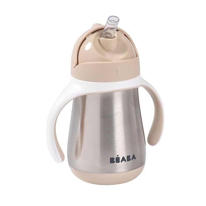 Beaba Stainless Steel Straw Sippy Cup, Insulated Toddler Cups Spill Proof with Removable Handles, Made with High Grade Stainless Steel, 8+ months, 8.5 oz Oat