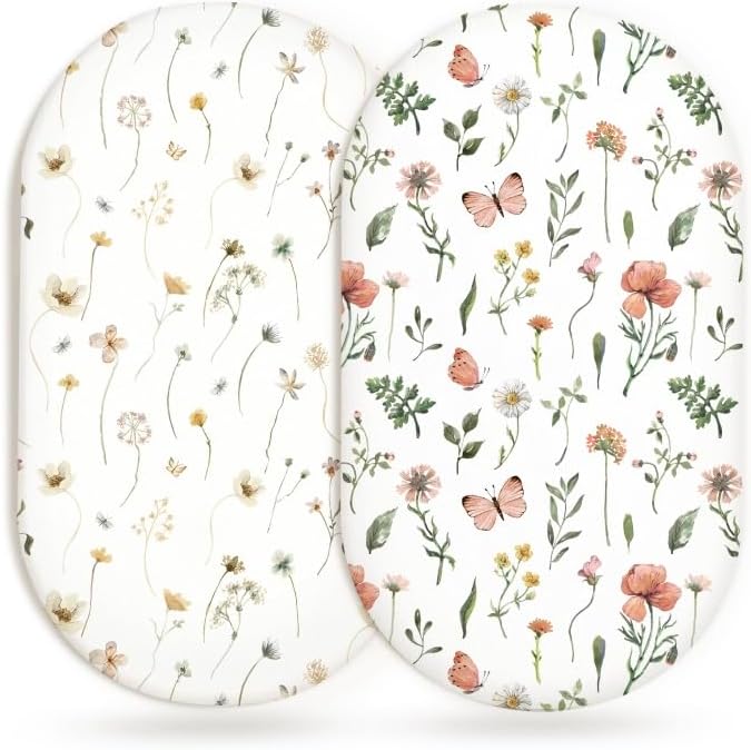 Bassinet Sheets for Baby Girls Boys 2 Pack, Fitted Baby Mattress Sheet for Rectangle, Oval, Hourglass Bassinet Mattress, Breathable Cozy & Universal Fit (Butterfly Garden)