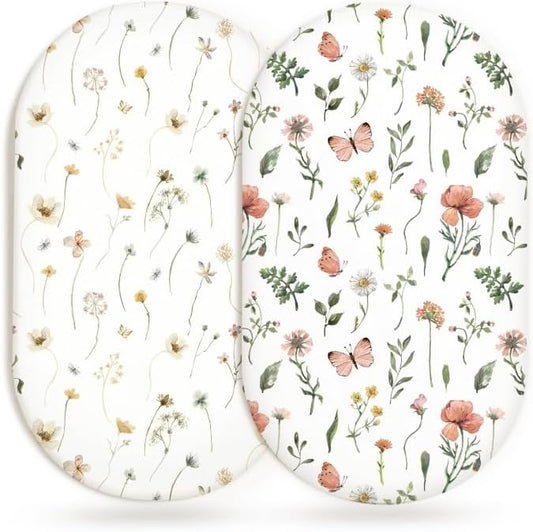 Bassinet Sheets for Baby Girls Boys 2 Pack, Fitted Baby Mattress Sheet for Rectangle, Oval, Hourglass Bassinet Mattress, Breathable Cozy & Universal Fit (Butterfly Garden)