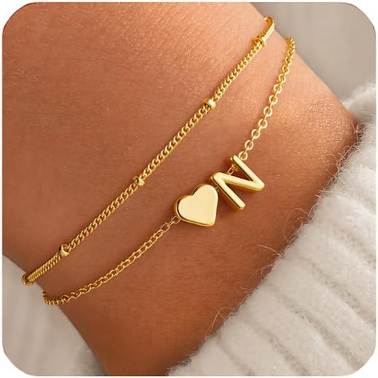 M MOOHAM Initial Heart Bracelets for Women - Layered Dainty 14K-Gold-Plated Heart Letter A-Z Charm Bracelets for Women, Chain Link Charm Bracelets Beaded Bracelets Birthday Gifts Womens Jewelry