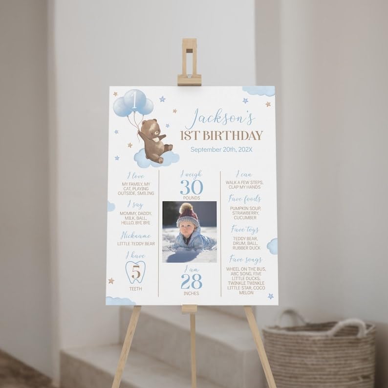 Generic Personalized Beary First Birthday Milestone Poster, Teddy Bear Photo Milestone Sign, Boho Brown Bear Party Stats Board, Design 07