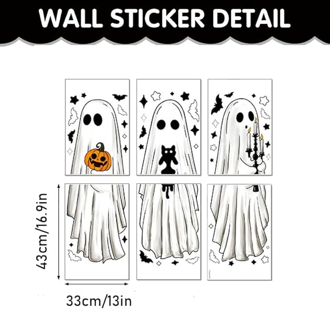 3 Sheets Extra Halloween Ghost Window Clings Cute Extra Large White Ghost for Glass Window Decorations Halloween Bat Cat Pumpkin Window Stickers Decals for Home Office Party Decor
