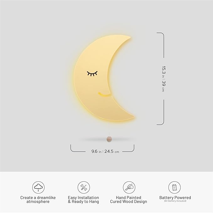 Lumipets Moon Wall Light - Nursery Decor, Baby Room Decoration, Wall Mounted, Battery Operated, Lightweight Hanging Crescent Night Light for Babies, Toddlers, Kids - 17.7 x 11.2 x 1.5-in