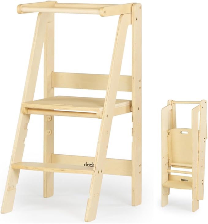 dadada Baby Foldable Montessori Tower - Adjustable Kitchen Step Stool for Kids with Safety Rail, Non-Toxic Finish, Great for Small Space Living (Natural)