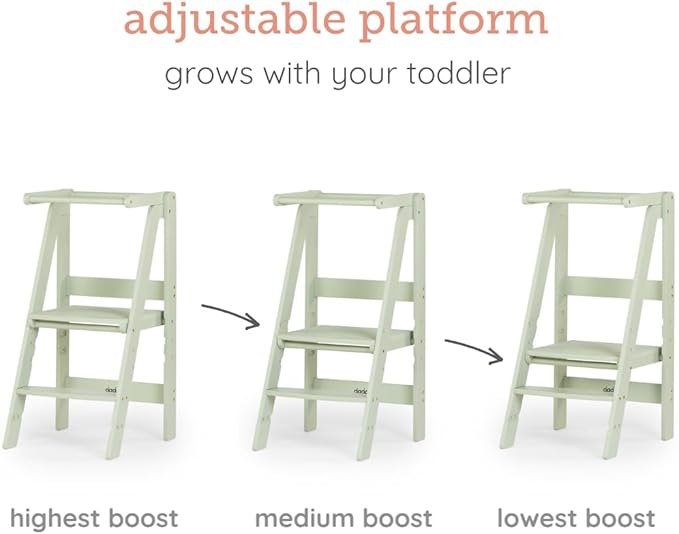 dadada Baby Foldable Montessori Tower - Adjustable Kitchen Step Stool for Kids with Safety Rail, Non-Toxic Finish, Great for Small Space Living (Sage Green)
