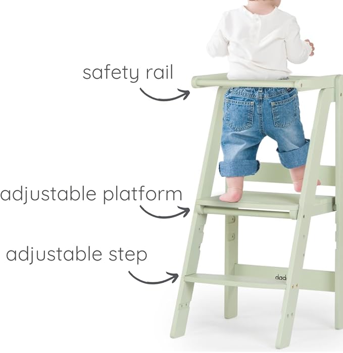 dadada Baby Foldable Montessori Tower - Adjustable Kitchen Step Stool for Kids with Safety Rail, Non-Toxic Finish, Great for Small Space Living (Sage Green)