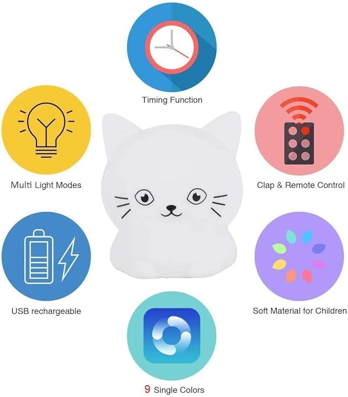 Night Light for Kids, Bedside Lamp for Children, Baby Nursery Lamp for Breastfeeding Safe, Break Resistant, Eye Caring, Adjustable Brightness & Color, Touch Control, Child Gift/Bedroom - Cat