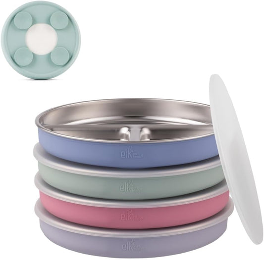 Elk and Friends Stainless Steel Divided Plates with Silicone Sleeve for Babies & Toddlers | Lids Included | Stay Put Suction | Dinner & Snack Plates | 4 Pack