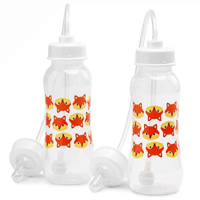 Hands-Free Baby Bottle - Anti-Colic Nursing System 9 oz Baby Bottle with Fast Flow Nipple/Teat 3m+ Infant with Tube Straw Feeding System for Toddler (2 Bottles - Fox)