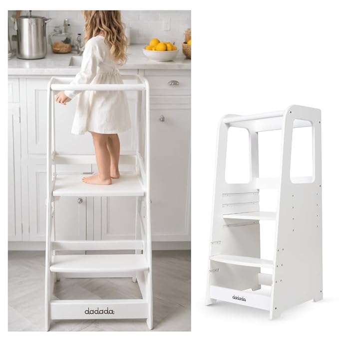 dadada Baby Montessori Toddler Tower - Adjustable Kitchen Step Stool for Kids with Safety Rail - Baby-Safe Finish, Encourages Cooking Skills and Independence - White