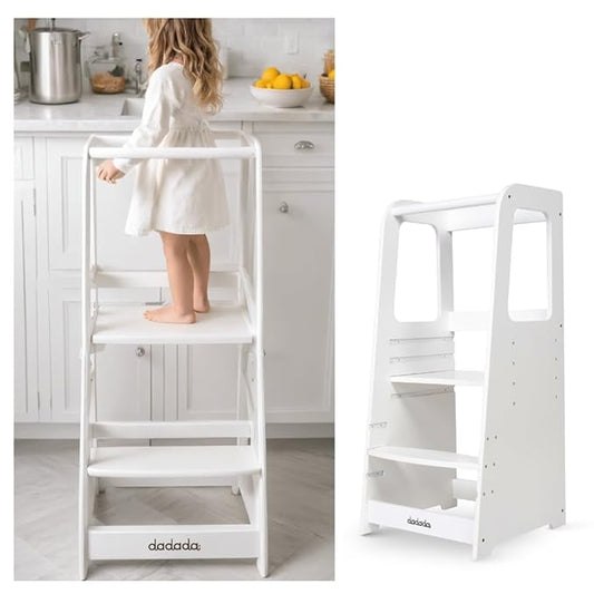 dadada Baby Montessori Toddler Tower - Adjustable Kitchen Step Stool for Kids with Safety Rail - Baby-Safe Finish, Encourages Cooking Skills and Independence - White