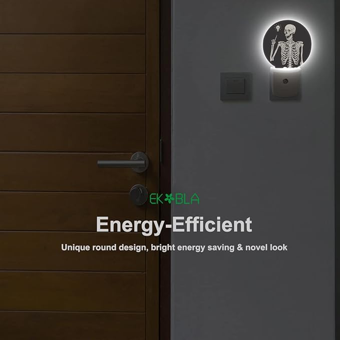 EKOBLA Funny Skull Night Light Human Skeleton Posing Rock Music Pose Black White Night Lights Plug into Wall Auto on/Off Led Lamp for Boys Girls Men Women Halloween Holiday Gifts