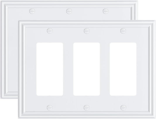2-Pack Decorative Tripple Decorator Outlet Cover Plate, Durable Zinc Alloy Pure White Wall Plates for Electrical Outlets, Receptacle, GFCI Outlet, Dimmer Switch, 3-Gang, Corrosion Resistant