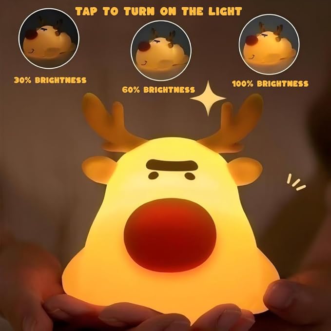 Eco-Friendly Reindeer Night Light - Energy Efficient LED Desk Lamp, Rechargerable Dimmable Nursery Soft Touch Bedside Baby Squishy Night Light, Portable Nightlight for Adults/Kids
