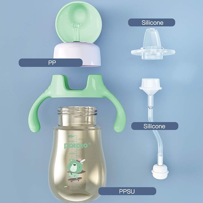 POTATO Sippy Cups For Toddlers with Straw Spill Proof, PPSU Learner Cup with Handle for Babies, Water Bottle for Baby 12 Months with 2 Type of Spout, 10 Ounce Green