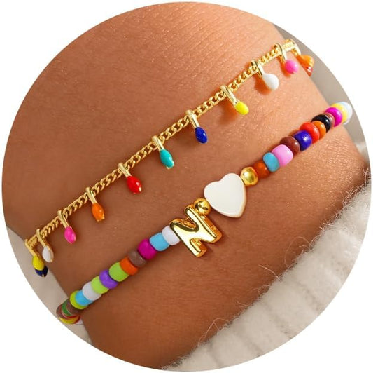 Turandoss Colorful Beaded Bracelets for Women - Trendy Boho Layered Bracelet Cute Charm Bracelets for Teen Girls Summer Gifts Jewrly