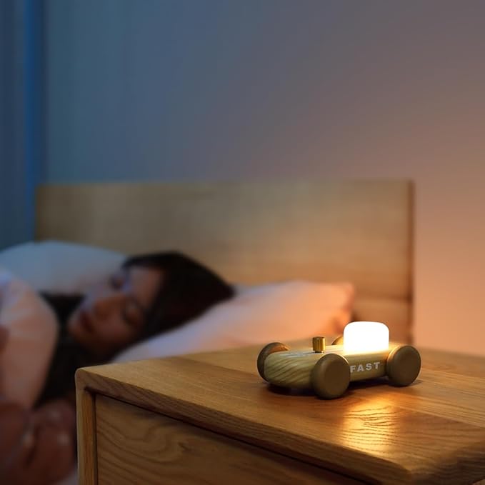 Wooden Go-Kart Night Light for Kids, 7 Color Adjustable, USB Rechargeable (Green)