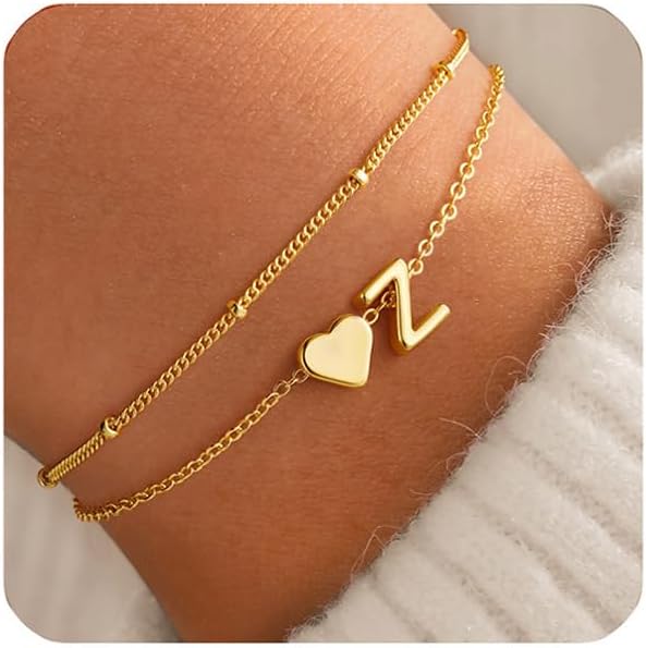 M MOOHAM Initial Heart Bracelets for Women - Layered Dainty 14K-Gold-Plated Heart Letter A-Z Charm Bracelets for Women, Chain Link Charm Bracelets Beaded Bracelets Birthday Gifts Womens Jewelry