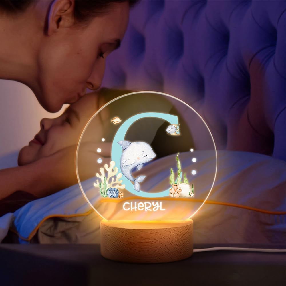 callie Acrylic Night Light Name Plate Personalized, Custom Cute Fox Deer Turtle Forest Animal with Wooden Base Bedroom Decor, Birthday Gifts Kid Gifts for Family (Animaux Marins)