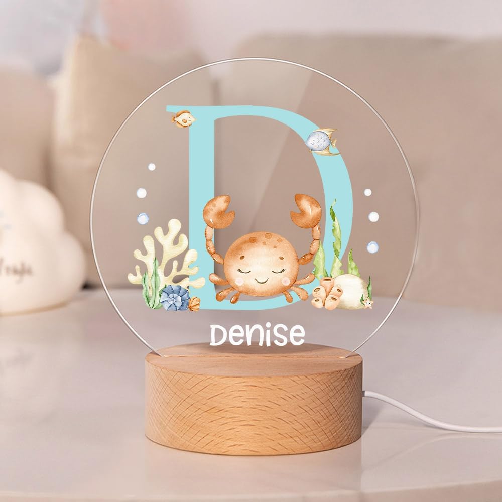 callie Acrylic Night Light Name Plate Personalized, Custom Cute Fox Deer Turtle Forest Animal with Wooden Base Bedroom Decor, Birthday Gifts Kid Gifts for Family (Animaux Marins)