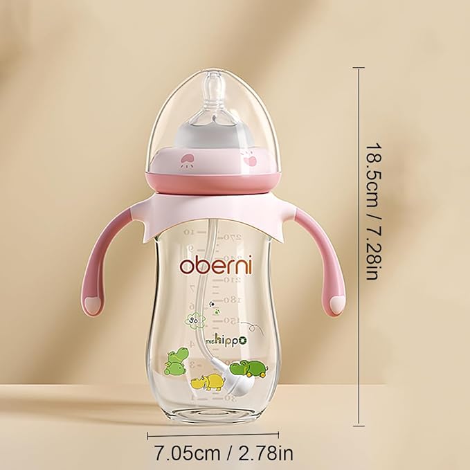 Baby Bottles, Weighted Straw Toddler Milk Bottles with Non-Slip Handle, Size + Variable Fast Flow, 12+ Months, BPA-Free, Pink/2Pack/9oz