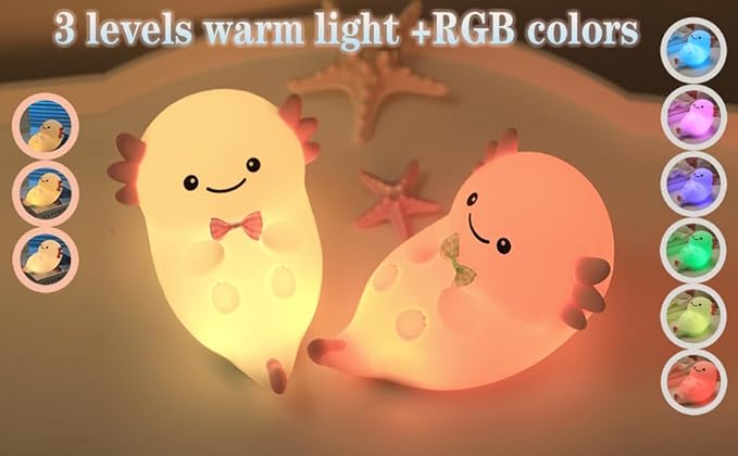 Cute White Axolotl Night Light, LED Squishy Night Lamp, Dimmable Timer Nursery Nightlight for Kids, Rechargeable Touch Lamp, Dorm Decor, Kids Funny Gifts(White Axolotl)