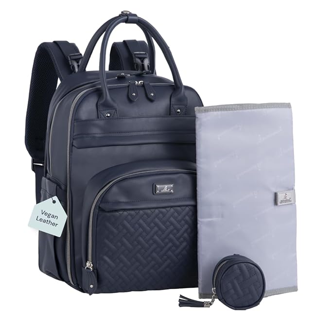 BabbleRoo Leather Diaper Bag Backpack - Baby Essentials Travel Baby Bag, Multi function, with Changing Pad, Stroller Straps & Pacifier Case – Unisex, Midnight Blue
