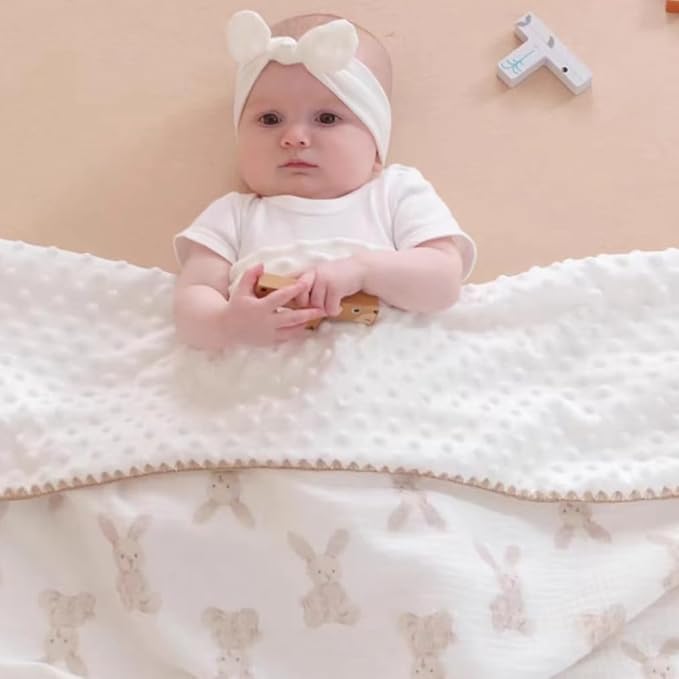 Baby Soft Muslin Thick Blanket Cotton and Dotted Backing Double Layer Receiving Blanket 40"x40" Bunny