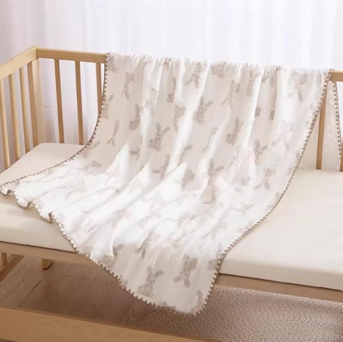 Baby Soft Muslin Thick Blanket Cotton and Dotted Backing Double Layer Receiving Blanket 40"x40" Bunny