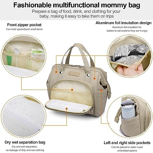 Small Diaper Bag Backpack Diaper Tote Bag, Waterproof Multi-Function Mini Tote Maternity Bags Travel Backpacks with Insulated Pockets for Mom, Apricot