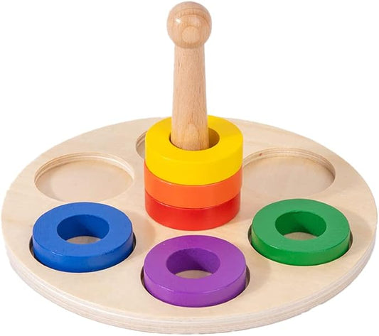 Adena Montessori Wooden Stacking and Sorting Ring,Wooden 6 Rings on Peg,Wooden Rainbow Stacking Rings Baby Toy, Stacker Toys for Infants and Toddlers,Wood Educational Developmental Toy Multicolor