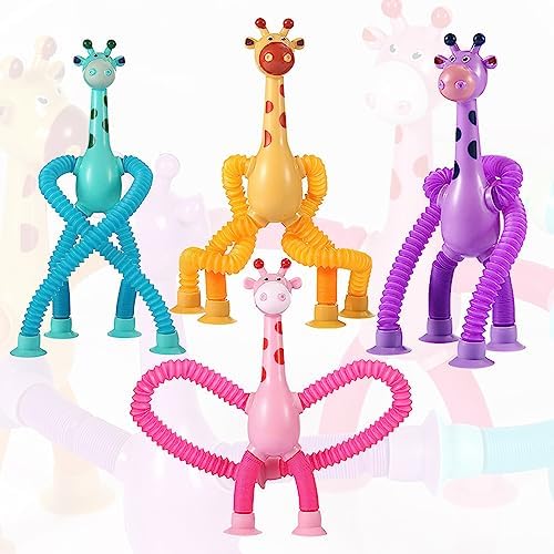 4 Pcs Telescopic Suction Cup Giraffe Toy, Funny Pop Tubes Sensory Toy for Toddlers, Educational Fidget Toys for Anxiety Kids for 3 4 5 6 7 8 9 Year Old Boys Girls